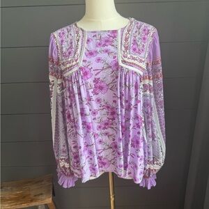 DAVI & DANI Purple Floral Boho Peasant Blouse Flowy Feminine